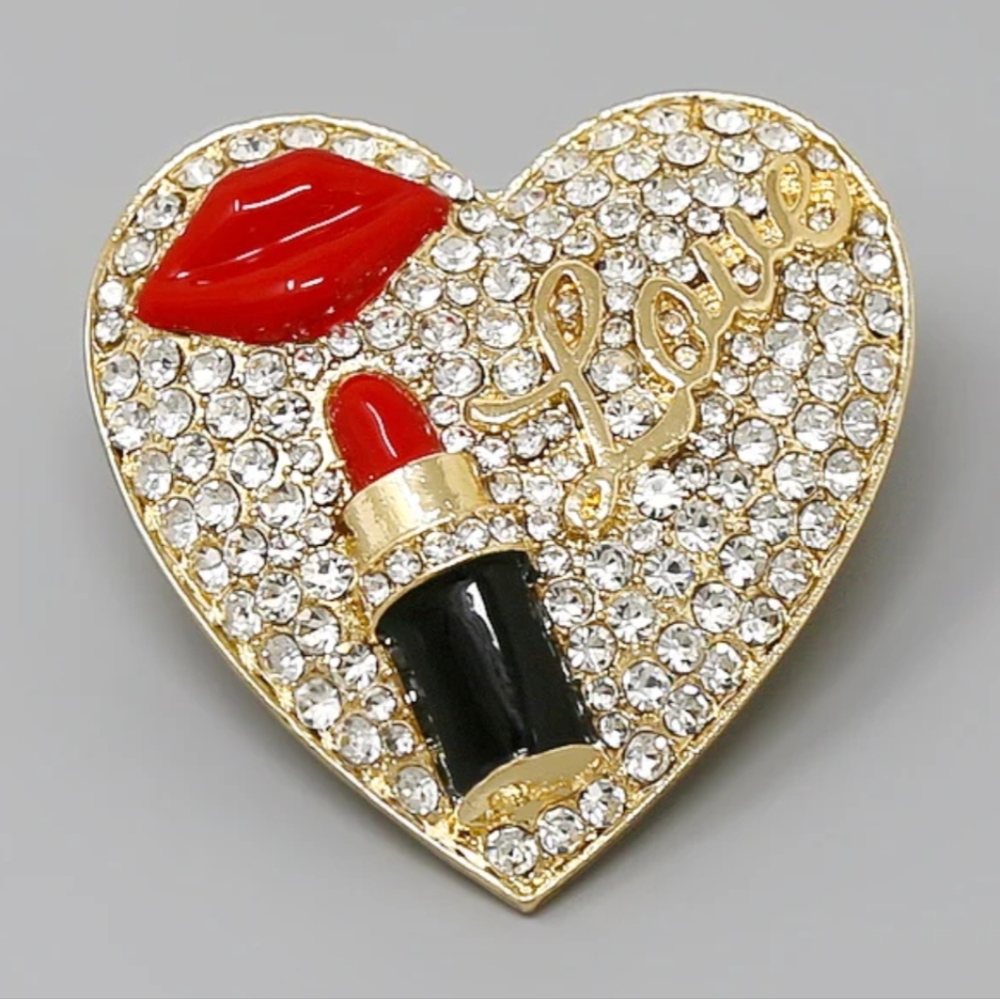 Lipstick Heart Glass Stone Pin Brooch - Picture 4 of 4